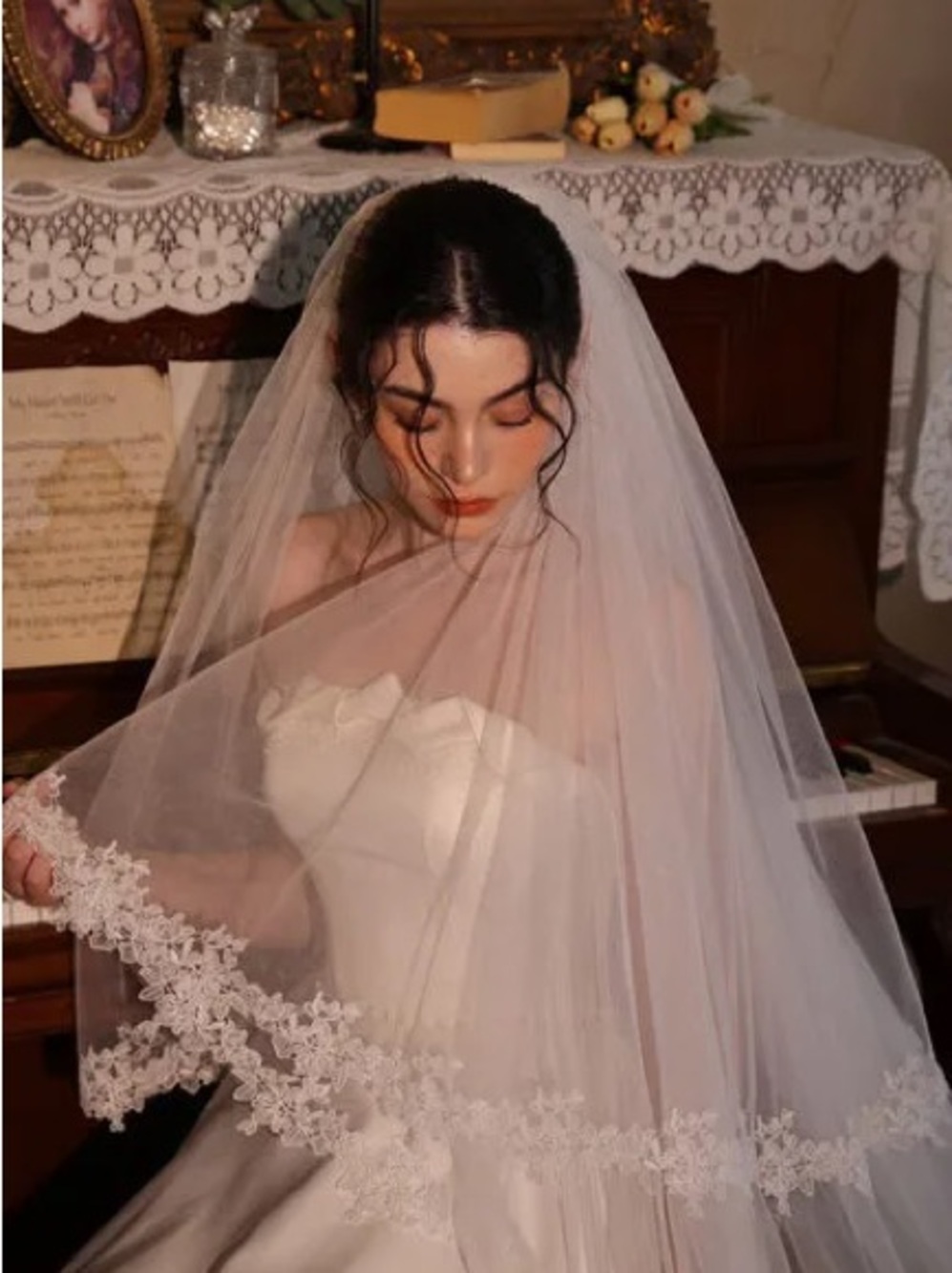 Elegant White Bridal Gown with Lace Veil